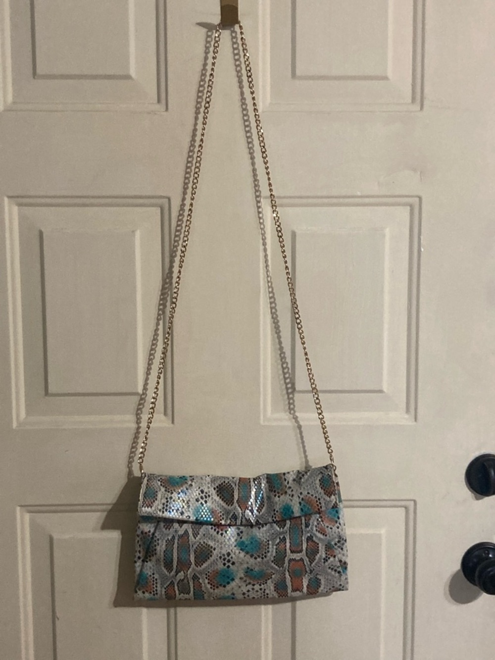 Metallic Teal and Brown Snake-Print Chain Crossbody